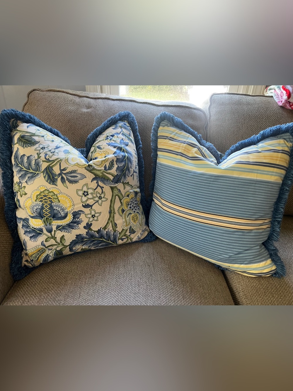Waverly Imperial Dress Floral & Stripe Throw pillows blue yellow fringe PAIR